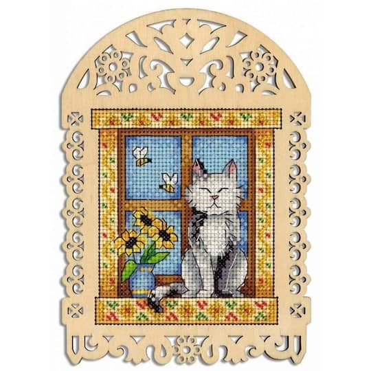 MP Studia Grey Cat Cross Stitch On Wood Kit